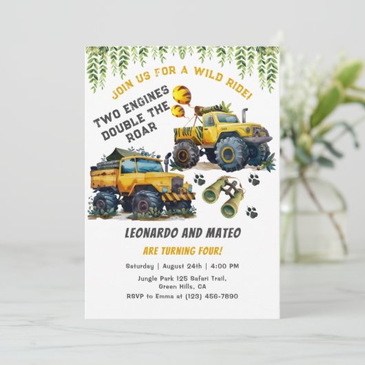 Twin Boys Safari Oerwoud Monster Truck Verjaardag Kaart (Staand voorkant)