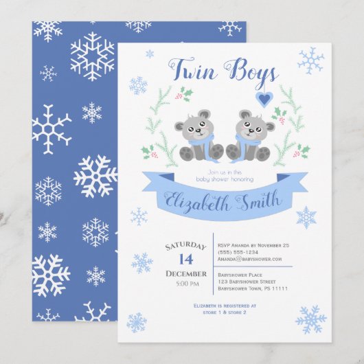 Twin Boys Schattige beer winterbabyshower Kaart (Voorkant / Achterkant)