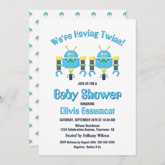 Twin Boys Schattige Robots Baby shower Kaart (Voorkant / Achterkant)