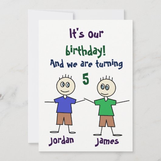 Twin Boys Stick Figures Cute Birthday Invitation Kaart (Voorkant)