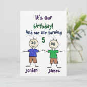 Twin Boys Stick Figures Cute Birthday Invitation Kaart (Staand voorkant)