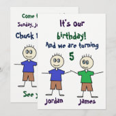 Twin Boys Stick Figures Cute Birthday Invitation Kaart (Voorkant / Achterkant)