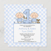 Twin Boys Stick Figuur Twins Birthday Invitation Kaart (Voorkant / Achterkant)