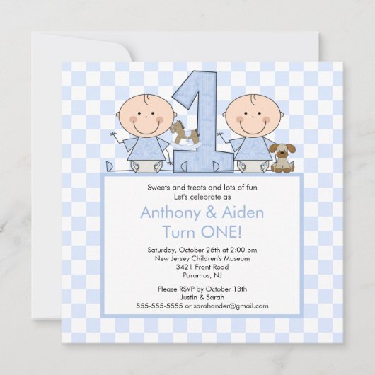 Twin Boys Stick Figuur Twins Birthday Invitation Kaart (Voorkant)