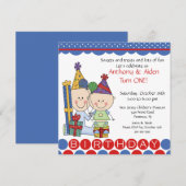 Twin Boys Stick Figuur Twins Birthday Invitation Kaart (Voorkant / Achterkant)