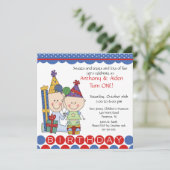 Twin Boys Stick Figuur Twins Birthday Invitation Kaart (Staand voorkant)