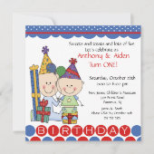 Twin Boys Stick Figuur Twins Birthday Invitation Kaart (Voorkant)