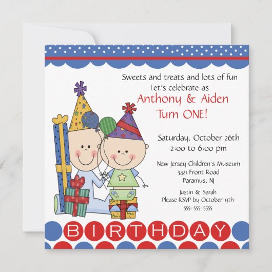 Twin Boys Stick Figuur Twins Birthday Invitation Kaart (Voorkant)