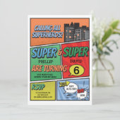 Twin Boy's Superheld Invitation Party Invite Kaart (Staand voorkant)