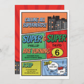 Twin Boy's Superheld Invitation Party Invite Kaart (Voorkant / Achterkant)