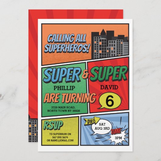 Twin Boy's Superheld Invitation Party Invite Kaart (Voorkant / Achterkant)