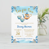 Twin Boys Tea Party Blue Waterverf Baby shower Kaart (Staand voorkant)