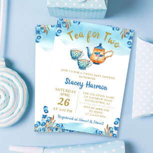 Twin Boys Tea Party Blue Waterverf Baby shower Kaart