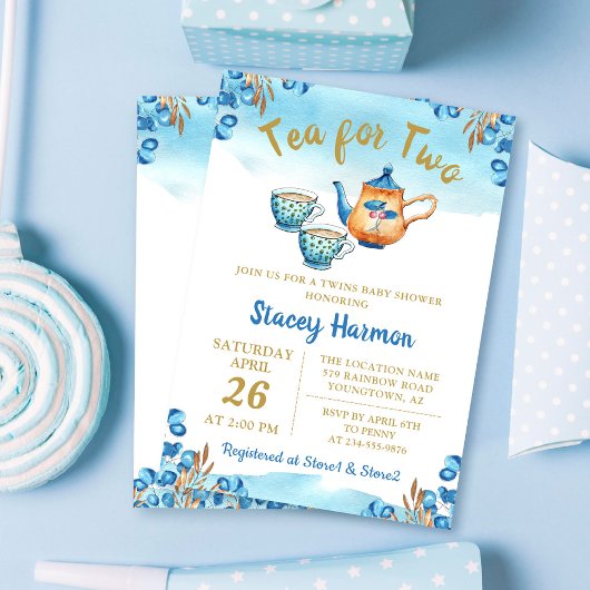 Twin Boys Tea Party Blue Waterverf Baby shower Kaart
