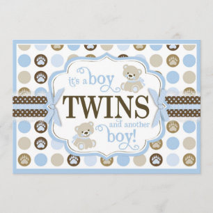 Twin Boys Teddy Bear Baby shower Blue Kaart