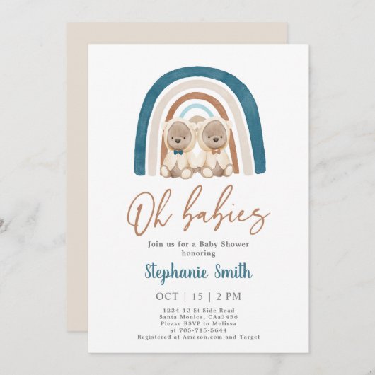 Twin Boys Teddy Bear Rainbow Baby shower Kaart (Voorkant / Achterkant)