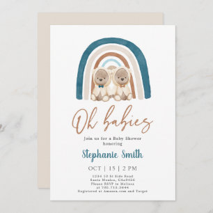 Twin Boys Teddy Bear Rainbow Baby shower Kaart