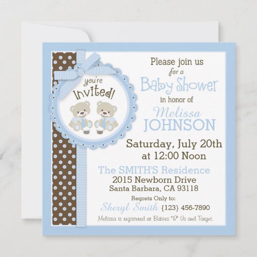 Twin Boys Teddy Bears Stropdas Baby shower Kaart (Achterkant)