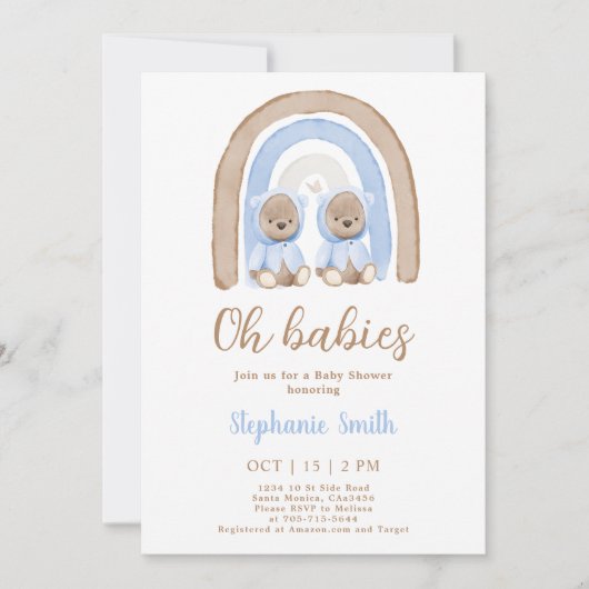 Twin Boys Teddy beer Rainbow Baby shower Kaart (Voorkant)