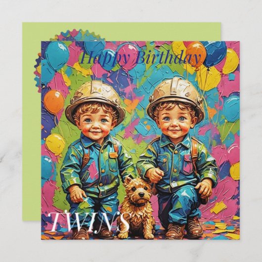 TWIN BOYS ~ Verjaardag Kaart ~ Bouwers ~ (Voorkant / Achterkant)