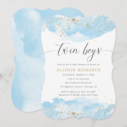 Twin boys waterverf baby blauw goud glitter shower kaart (Voorkant / Achterkant)