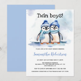 Twin Boys Waterverf Blauw Winter Baby shower Kaart