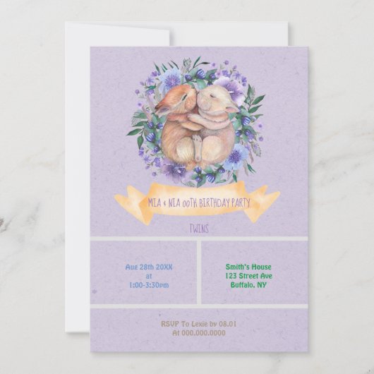 Twin Bunnies Paarse Floral Birthday Party nodigt u (Voorkant)