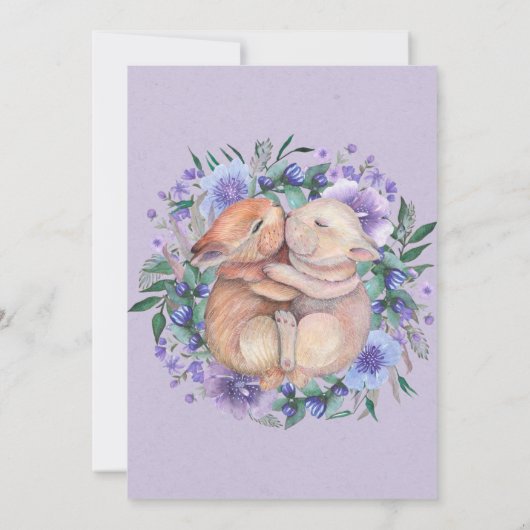 Twin Bunnies Paarse Floral Birthday Party nodigt u (Achterkant)