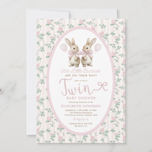Twin Bunny Pink Roses Girl Baby Shower Kaart (Voorkant)