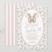 Twin Bunny Pink Roses Girl Baby Shower Kaart (Voorkant / Achterkant)