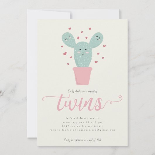 Twin Cacti | Twins Baby shower uitnodiging (Voorkant)