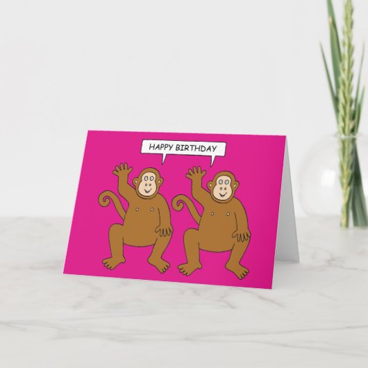 Twin Cartoon Monkeys Saying Happy Birthday Kaart (Voorkant)