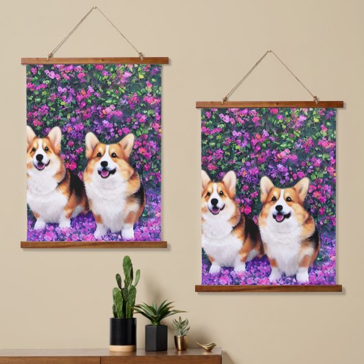 Twin Corgis in de tuin Hangend Wandkleed (Asymmetrisch)