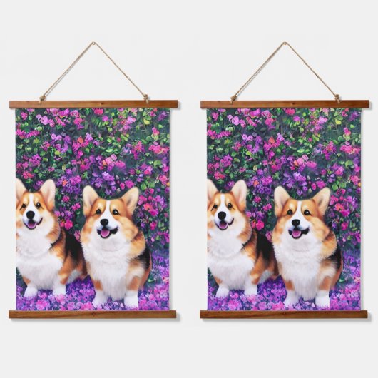 Twin Corgis in de tuin Hangend Wandkleed (Dubbel)
