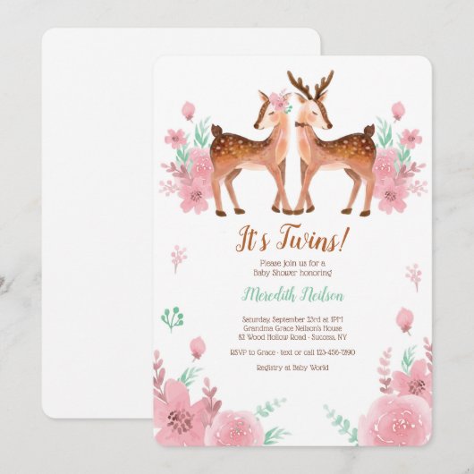 Twin Deer Baby shower Invitation Kaart (Voorkant / Achterkant)