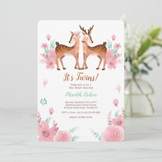 Twin Deer Baby shower Invitation Kaart (Staand voorkant)