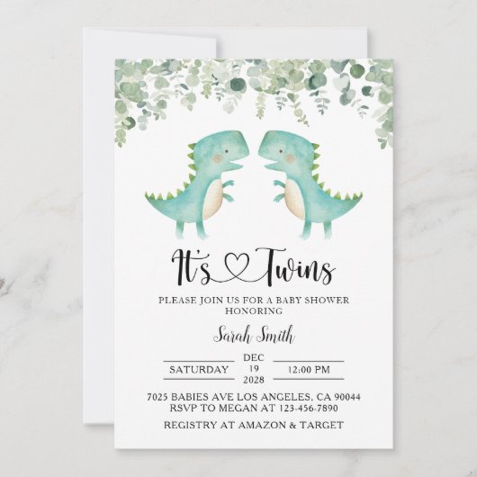 Twin Dinosaurs Baby shower Invitation Kaart (Voorkant)