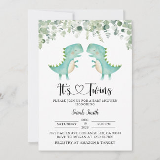 Twin Dinosaurs Baby shower Invitation Kaart