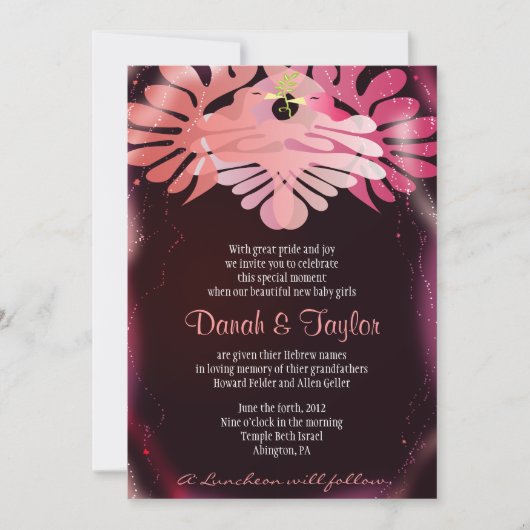 Twin Doves Jewish Baby Naming Invitation Hebreeuws Kaart (Voorkant)
