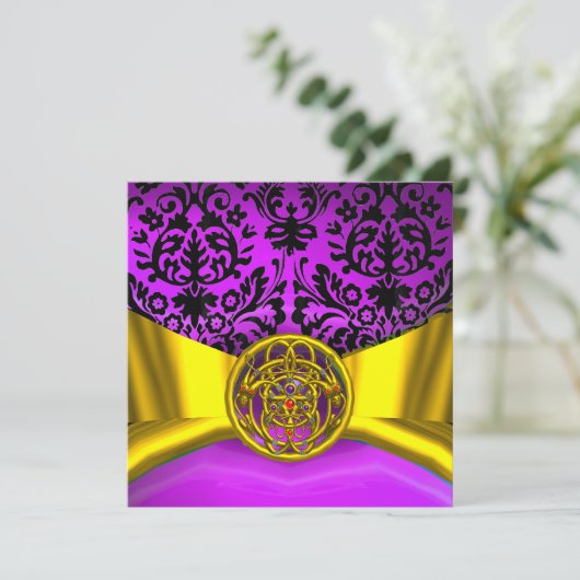 TWIN DRAGONS GOUDE PAARSE ZWARTE DAMAST MONOGRAM KAART (Staand voorkant)