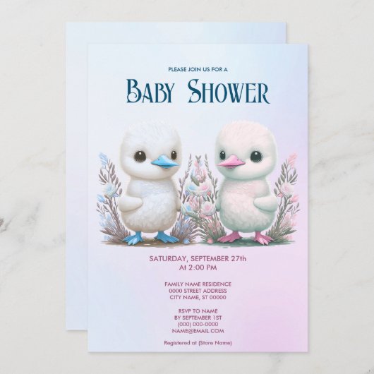 Twin Ducks Bloemen Baby shower Uitnodiging (Voorkant / Achterkant)