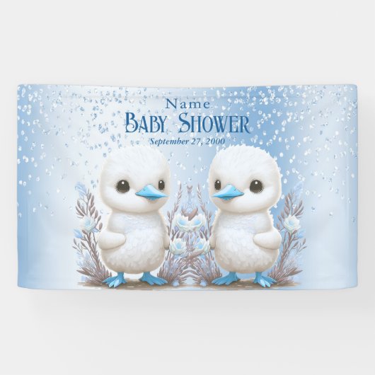 Twin Ducks Blue Floral Baby shower Welkom Spandoek (Horizontaal)