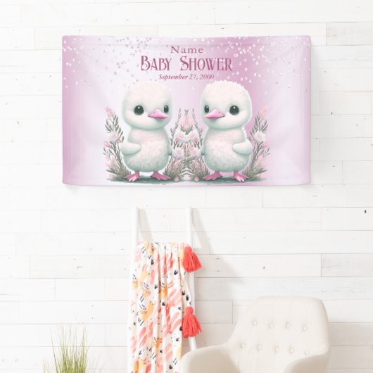 Twin Ducks Pink Floral Baby shower Welkom Spandoek (Insitu)