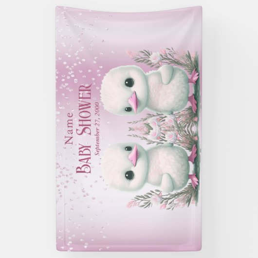 Twin Ducks Pink Floral Baby shower Welkom Spandoek (Verticaal)
