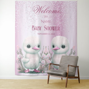 Twin Ducks Roze Bloemen Achtergrond Wandkleed