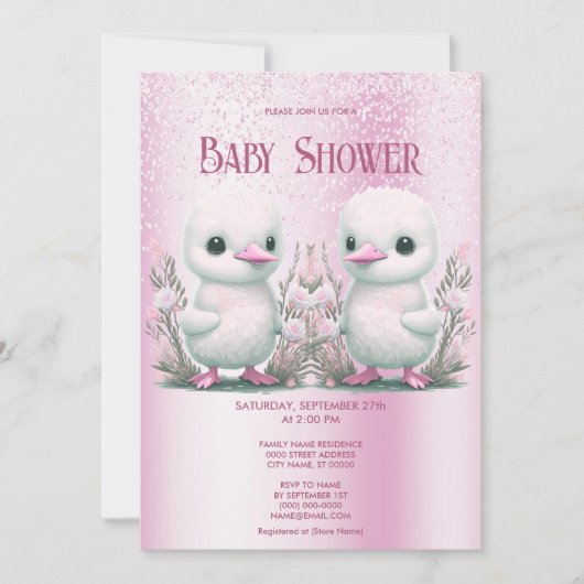 Twin Ducks Roze Bloemen Baby shower Invitation Kaart (Voorkant)
