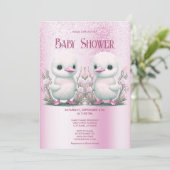 Twin Ducks Roze Bloemen Baby shower Invitation Kaart (Staand voorkant)