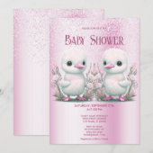 Twin Ducks Roze Bloemen Baby shower Invitation Kaart (Voorkant / Achterkant)