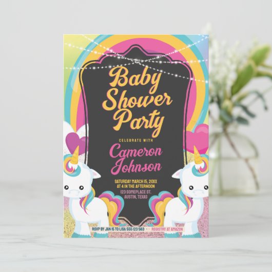 Twin Eenhoorns Baby shower Schattige Kleurrijk Kaart (Staand voorkant)