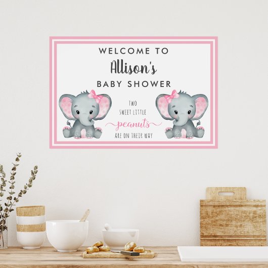 Twin Elephant Baby Girl Shower Welkom Poster (Keuken)